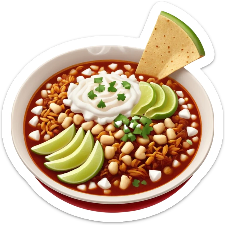 A delicious hot bowl of pozole rojo emoji. Steam rising. Hominy visible. Place the sides next to the bowl: chopped onions, shredded cabbage, lime wedges, red chile de arbol salsa, and full round tostadas with a light smear of sour cream sticker