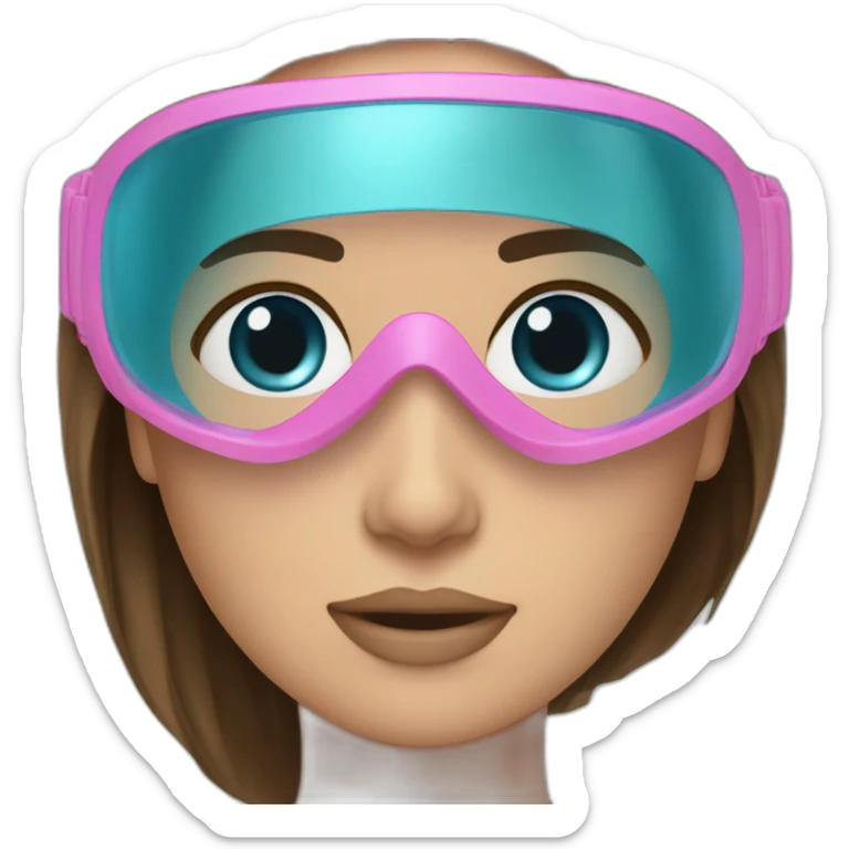 woman large and straight brown hair, pink diving mask with a single crystal-blue eyes sticker