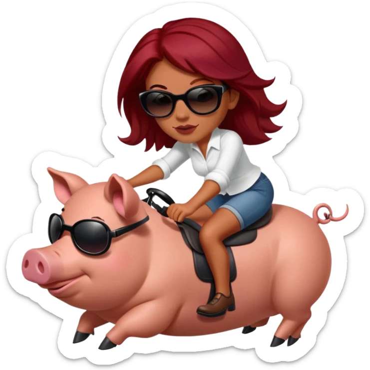 Women with dark red hair and slightly tanned skin riding a pig with sunglasses sticker