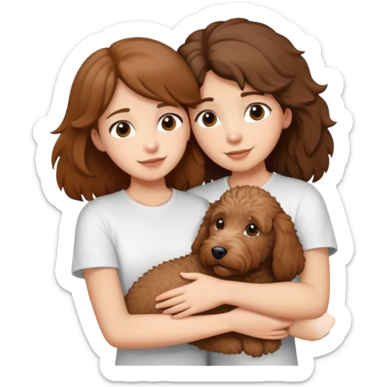 One girl with medium long brown hair dressing white T-shirt, hugging One little brown coated labradoodle. sticker