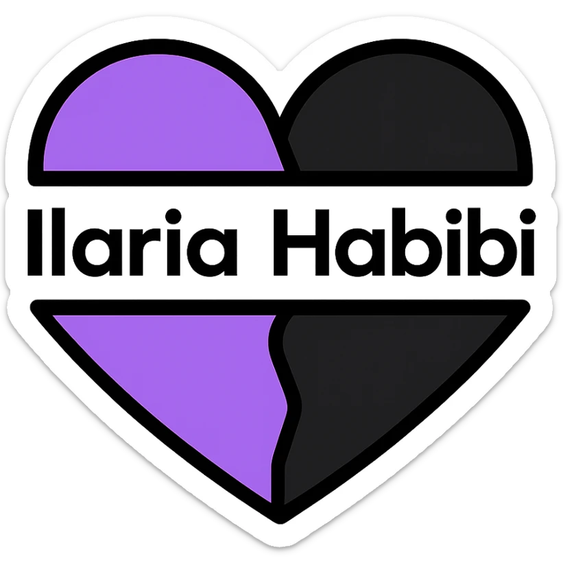 Change the font of the text 'Illarias Habibi' to a modern geometric style, keeping the split black and purple heart with no background. sticker
