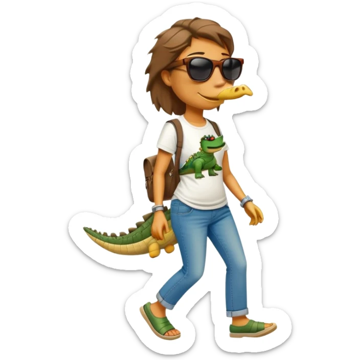 anthropomorphised female crocodile in a band t-shirt and jeans wearing sunglasses walking upright sticker