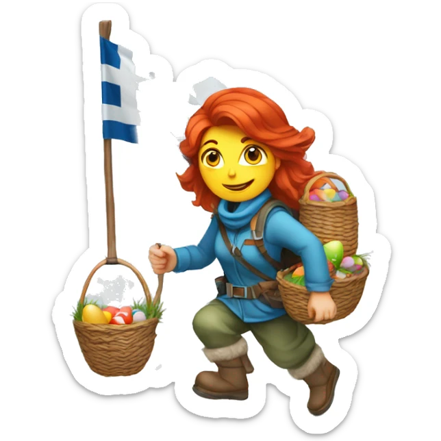 red hair female winter mountaineer climbing with Easter eggsbasket and Greek flag sticker