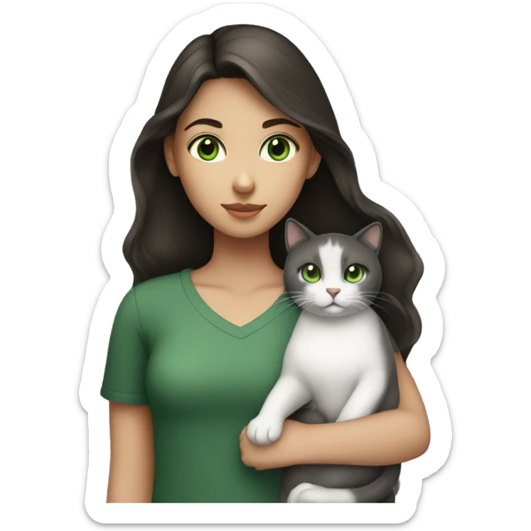 A girl with green eyes and dark brown hair holding a white and dark grey cat  sticker