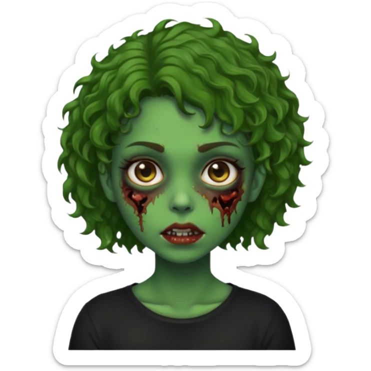 Zombie girl emoji verde com cabelo curto cacheado castanho no ombro com uma blusa preta sticker