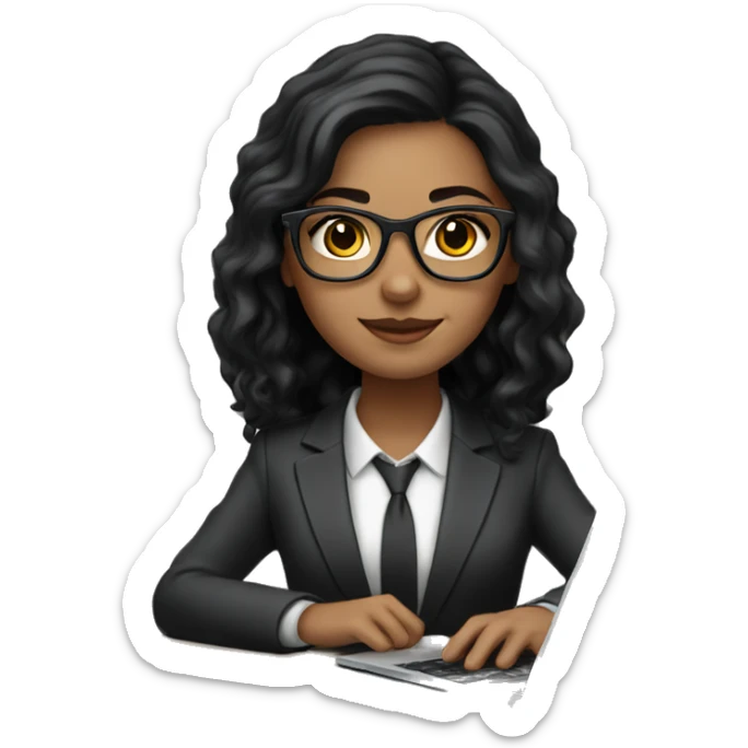 white girl with black hair wearing glasses and a classic suit working on laptop sticker