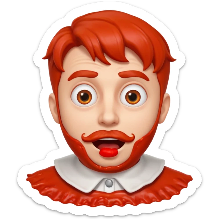 funny theater actor portrait, head and shoulders only, covered in tomato sauce, shocked wide eyes, awkward smile, stage costume collar, 3D cartoon, mobile game icon style, clean background, no text, no watermark
 sticker