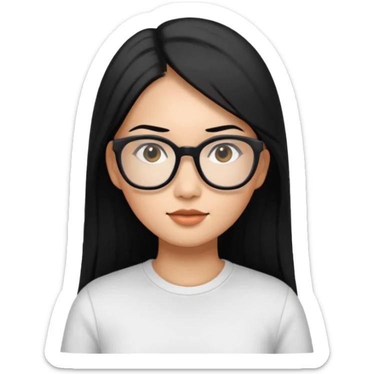 30 yr old asian woman, straight thick long black hair, big black glasses, side part sticker