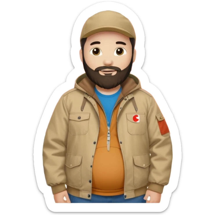 Bearded man with pregnant belly poking out of shirt wearing a tan canvas carhartt jacket next to chinese flag sticker