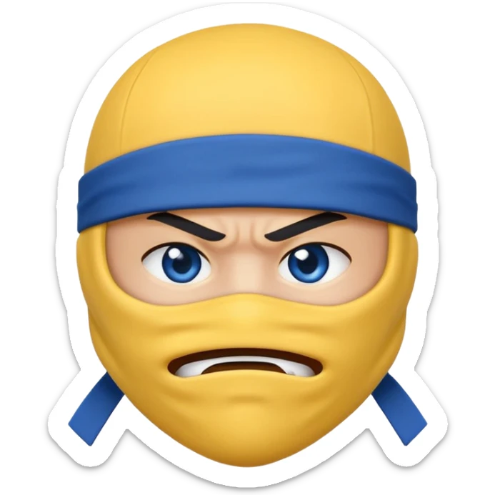 angry ninja face emoji, classic yellow emoji face, mouth fully covered by blue ninja uniform, only eyes visible sticker