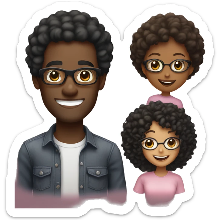 Black man, smiling, curly black hair, with black shirt, no glasses. And Fair woman, medium curly hair, smiling, light pink shirt, black glasses sticker