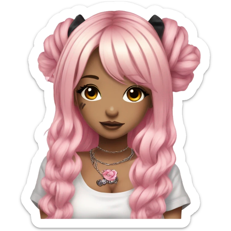 hime gyaru girl, tattoos, blonde and pink hair, dark makeup, white tee sticker