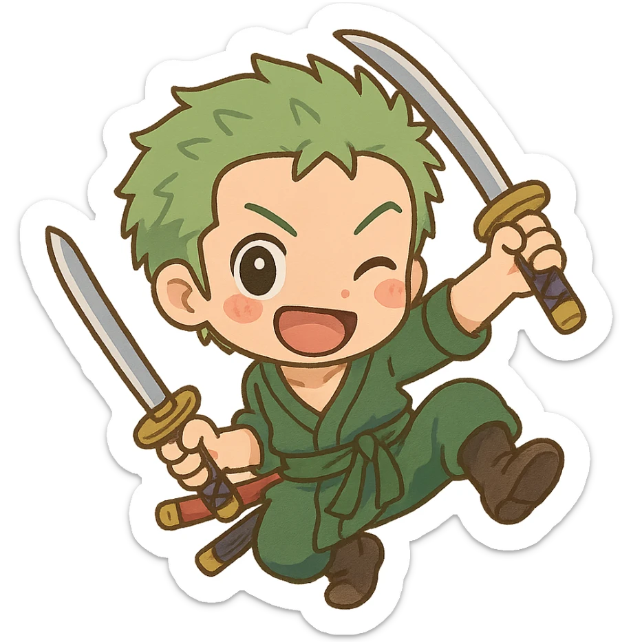 Zoro from One Piece in chibi cartoon style, holding swords, big eyes, playful pose sticker