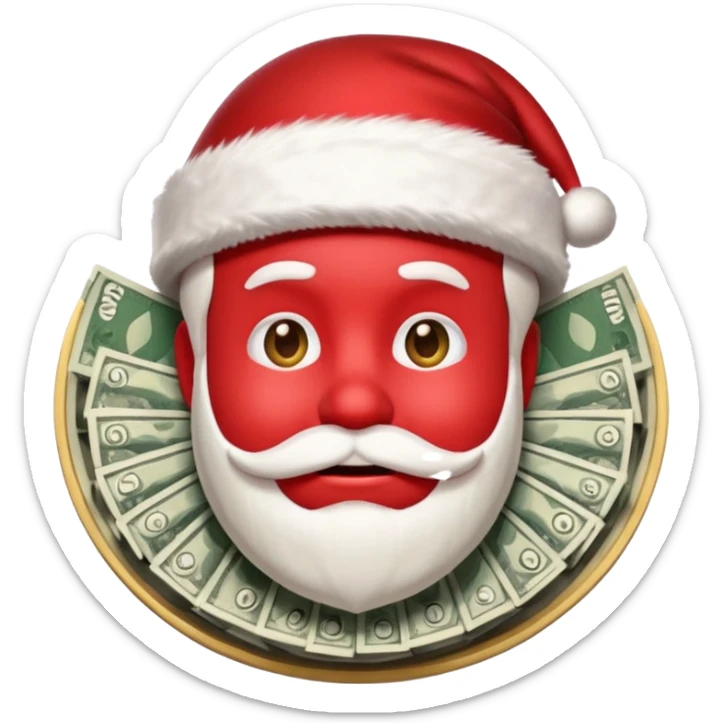 A confident rich emoji face wearing a Santa hat, money stacks, casino vibe, New Year theme, premium 3D emoji style, sharp details, no text, isolated on transparent background sticker