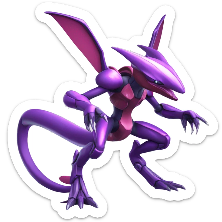 a shiny purple Genesect-Flygon-Raptor-Fakémon—hybrid with a futuristic visor-helmet full body sticker