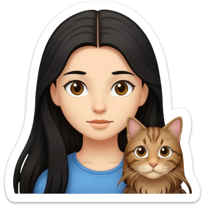 A girl with long black hair and  a brown long haired tabby sticker