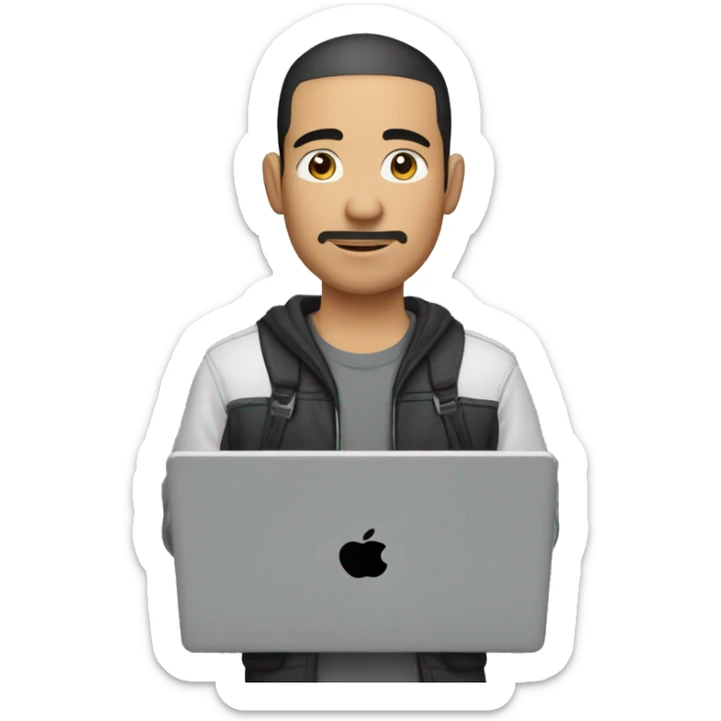mexican man buzz cut hair with black stubble and black eyes in casual clothes, holding laptop. sticker