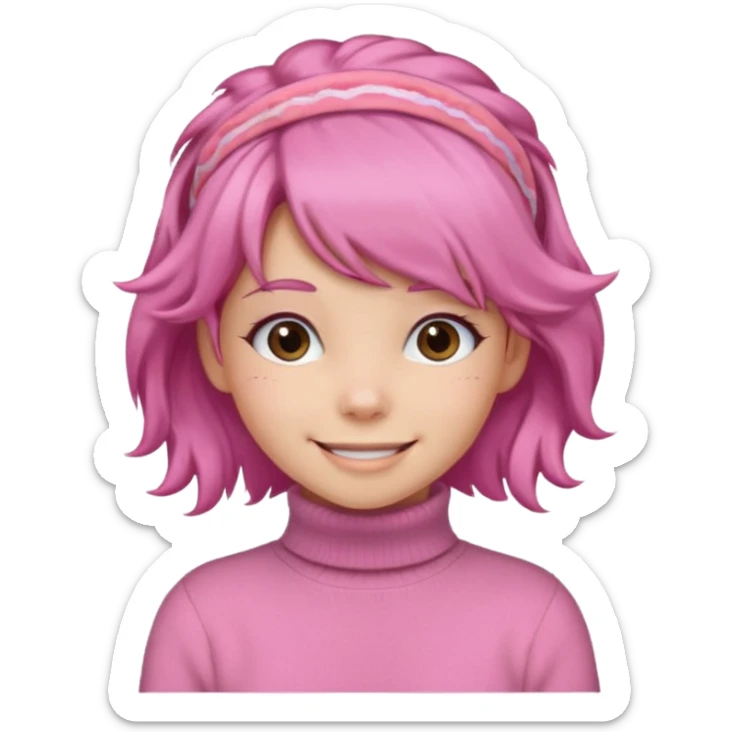 brown fluffy haired girl with pink turtleneck sweater and pink hair band sticker