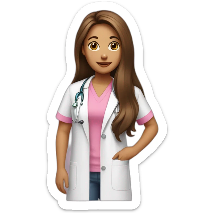 Tan girl, a speech therapist with Brown long hair, Brown eye wearing a pink t-shirt and a medical coat sticker