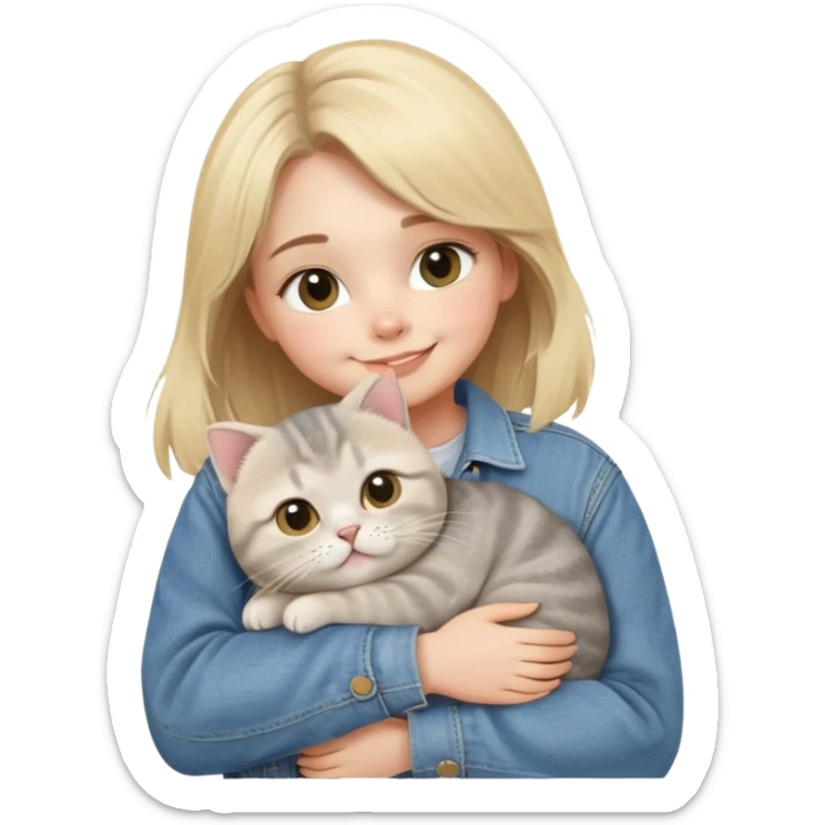 blonde girl in denim jacket huddle a fat gray Scottish fold cat smiley eye and love in the air sticker