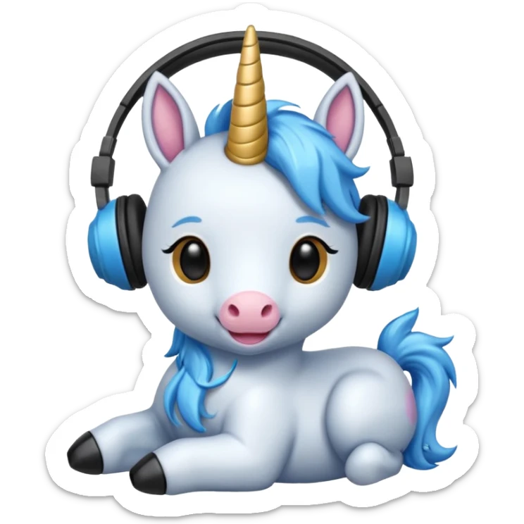 Unicornio bebé azul sentado escuchando música con auriculares negros sticker