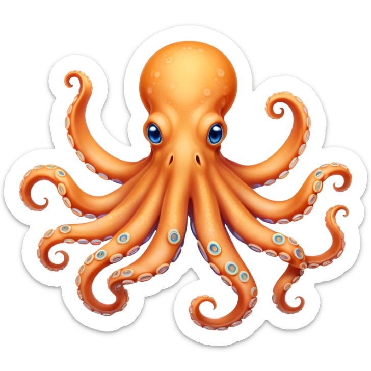 Cinematic Noble smiling Octopus Portrait Emoji, Poised and enchanting, with a light orange body adorned with vibrant blue rings and eight delightfully curling arms with gentle suckers, large sparkling eyes exuding warmth and playfulness, Simplified yet charmingly expressive features, highly detailed, glowing with a soft, magical underwater radiance, high shine, intelligent and irresistibly cute, stylized with an air of whimsical marine enchantment, focused and fluid, soft glowing outline, capturing the essence of a watchful and endearing octopus that appears ready to float out of the screen with delightful charm! sticker