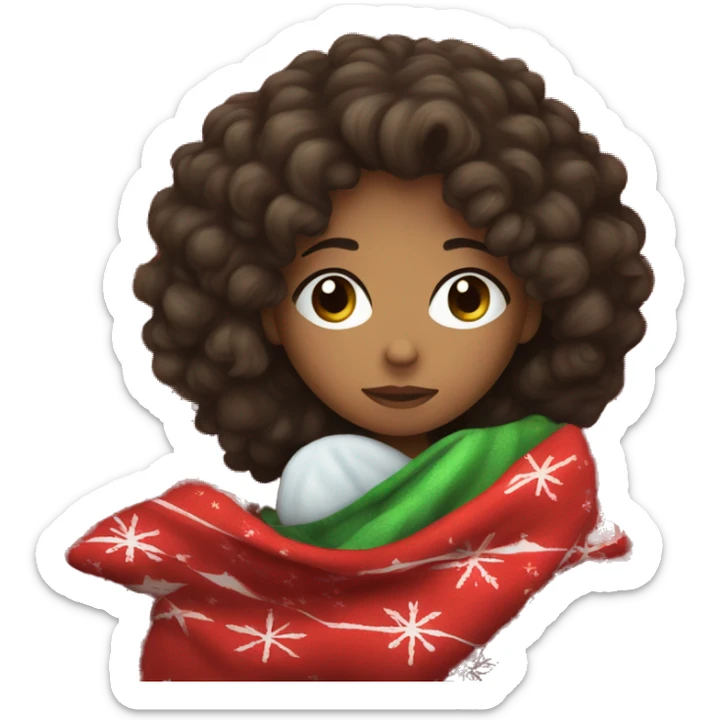 Girl with dark brown curly hair sleeping with Christmas blanket sticker