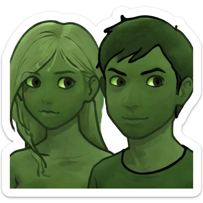 Smiling couple of blonde girl with long hair green eyes and boy with short black hair and green eyes sticker