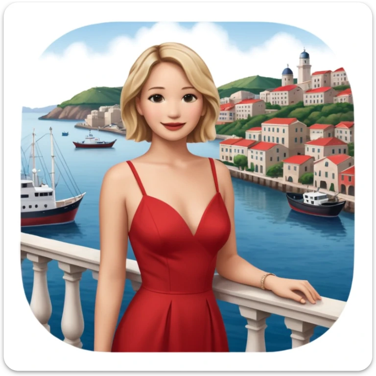 jennifer lawrence, red dress leaning on a balcony with a harbor and cityscape in the background, smiling, closeup sticker