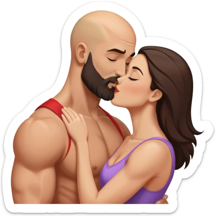 Muscular Bald man with a beard passionately kissing his young fit brunette wife  sticker