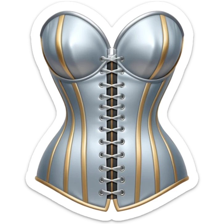 A luxury corset emoji made of silver chrome, smooth metallic curves, minimal fashion silhouette, glossy reflections, sensual high-end aesthetic, iOS emoji style, centered, clean white background sticker