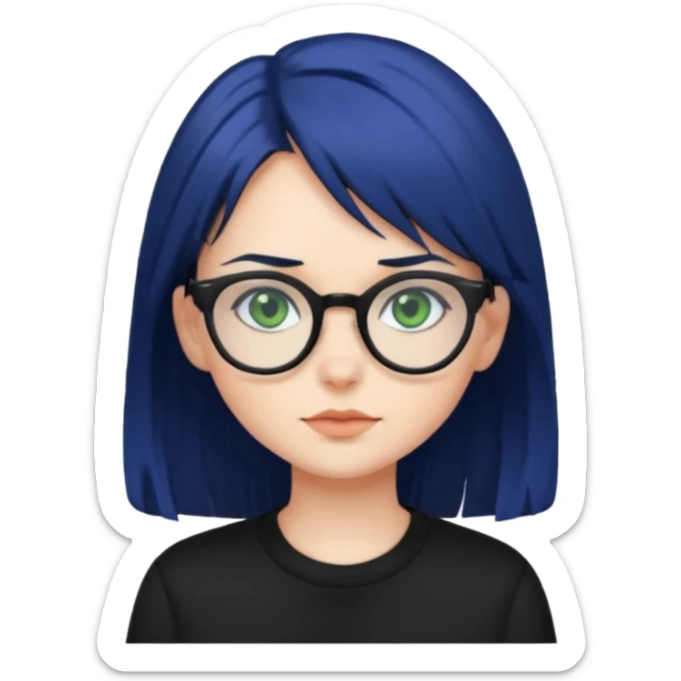A girl with dark blue hair, glasses and green eyes, wearing black clothes  sticker