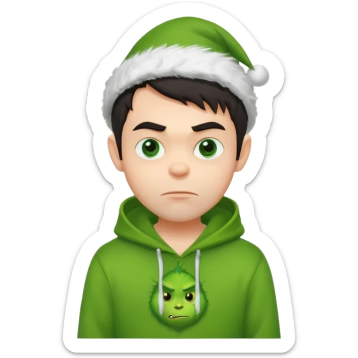 Create an avatar of white European with dark hair  male in hoodie with ``BST`` letters on it. Make background to look like from movie Grinch sticker