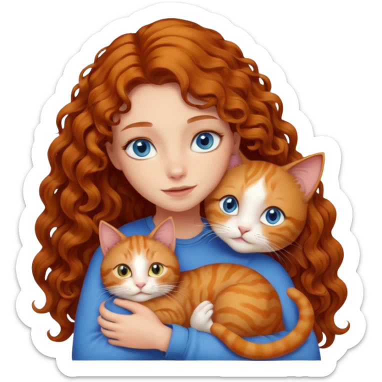 A girl with long curly chestnut hair and blue eyes is hugging a ginger cat who is looking at her with love. The cat has yellow eyes. sticker