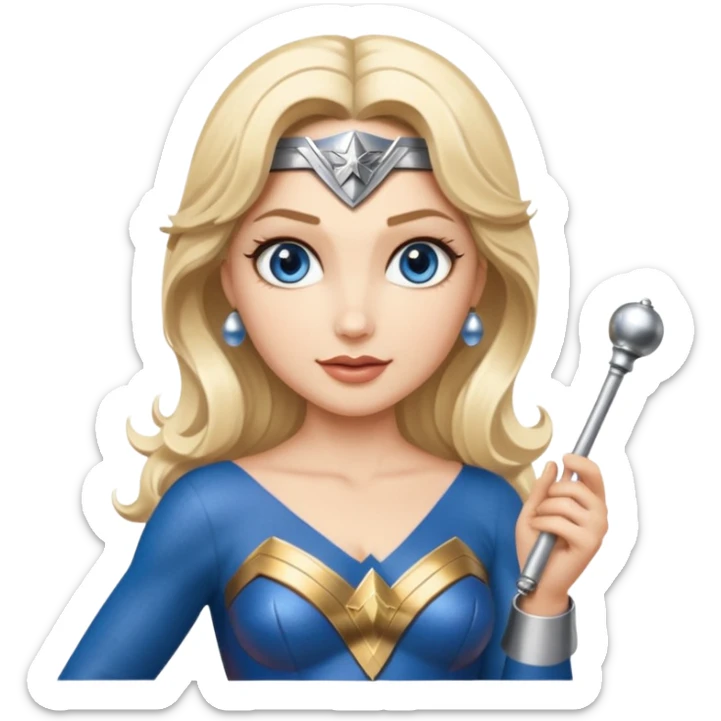 Blonde blue eyes Wonder Woman holding bell and short white orchestra conductor’s baton  sticker