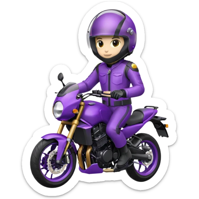 Créer un emoji avec une moto mt07 sport noir mate / violet iridescent très foncé. Avec une pilote dessus visière violet sombre faceless, bulle de la moto violet. Avec fond arrière violet, tenue complète casque inclus violet  sticker
