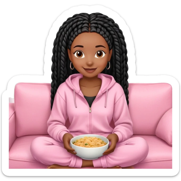 A dark-brown-skinned Black woman with black box braids, sitting on a pink couch, holding a bowl of pasta with a fork, smiling. She’s wearing casual, comfy loungewear, relaxed in a cozy setting. sticker