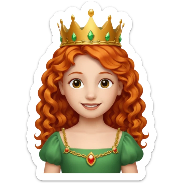 girl kid, Princess with long curly red orange hair, green dress, small crown sticker