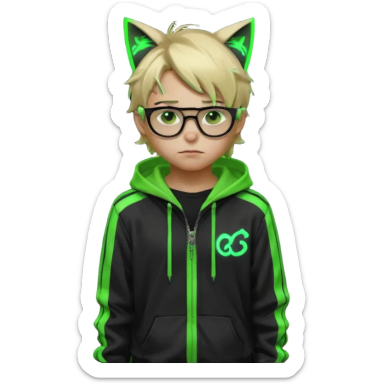 Light blond, slightly messy hair
Black glasses
A black hoodie with cat ears
Neon green details on the jacket and pants (glowing lines and stripes)
An overall hacker / cyberpunk style look
A neutral facial expression (boy )eyes brown) sticker
