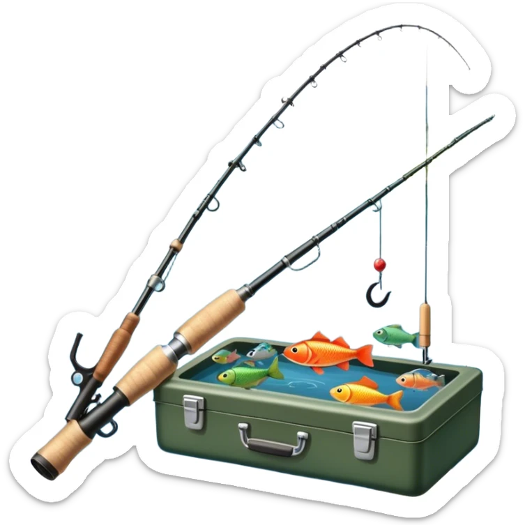Icon for Fishing: a fishing rod with a line in the water, a tackle box, a fish on the hook, and a peaceful lake or river background. The icon should capture the calm and skill of fishing. Transparent background. sticker