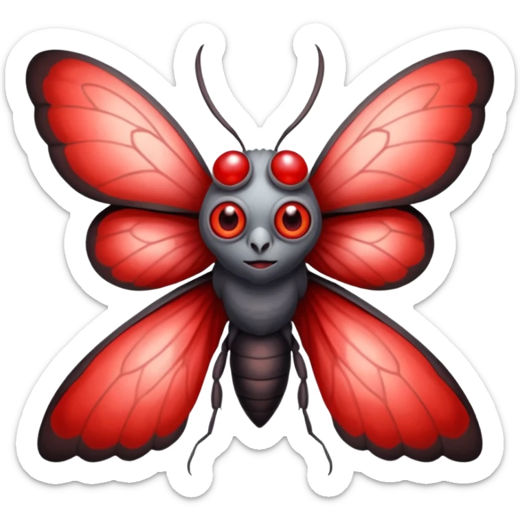 Create a scary emoji of the mothman with bright red eyes and as depicted in the legend. Make it less bird like and more Moth / Human hybrid- Human with Moth wings and Eyes sticker