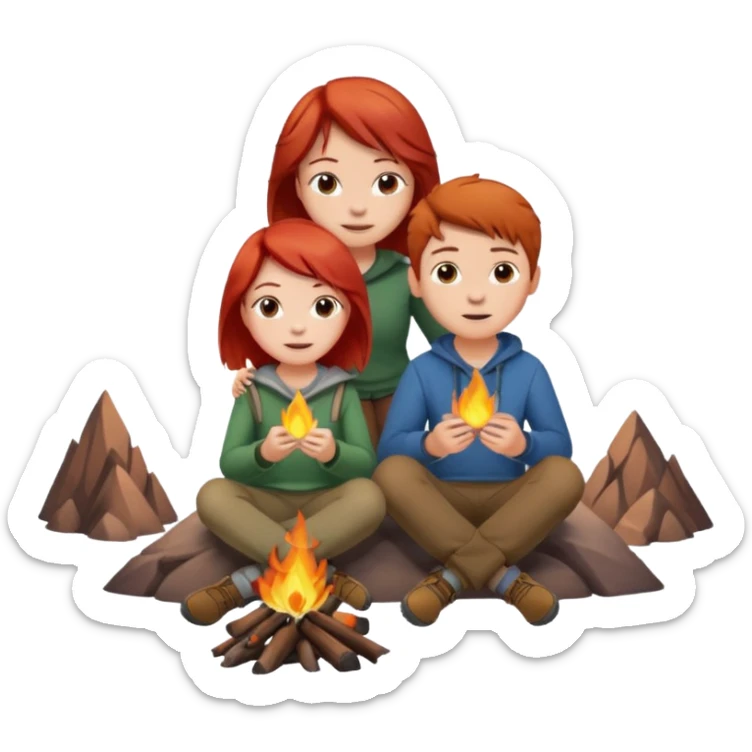 A girl with red hair and a boy with brown hair sitting on a mountain in front of a campfire sticker