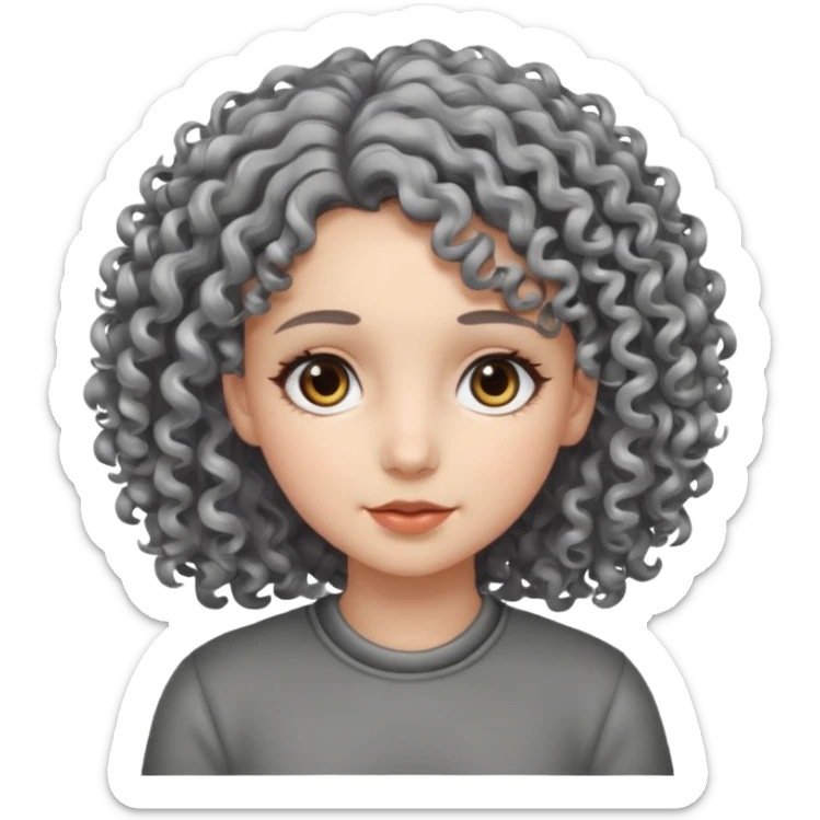Fais une fille avec les cheveux bouclés gris brillants, avec des yeux qui sont vraiment gris foncés sticker