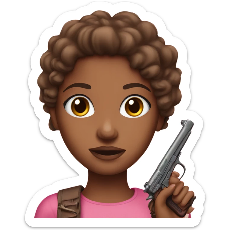 realistic brown girl with brown eyes holding a pink gun  sticker