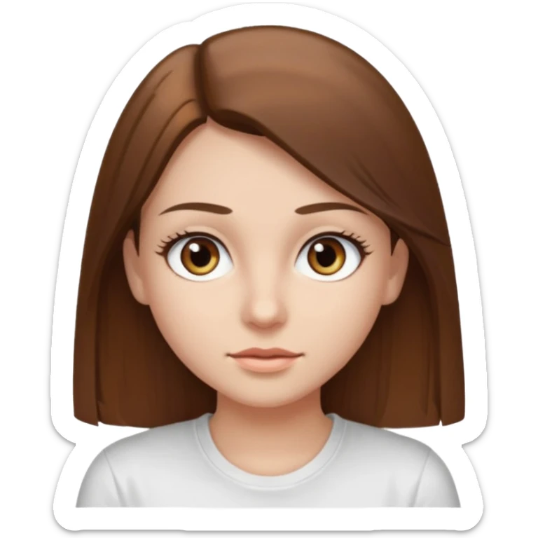 Chica de pelo liso ,largo y marrón con ojos color marrón claro y una camiseta blanca y la piel blanca con pestañas sticker