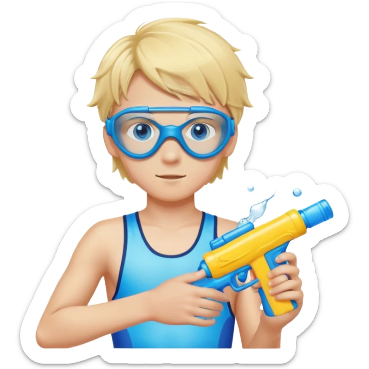 Blond 18 year old boy, with blue eyes, wearing swim goggles, normal clothes, holding a water gun sticker