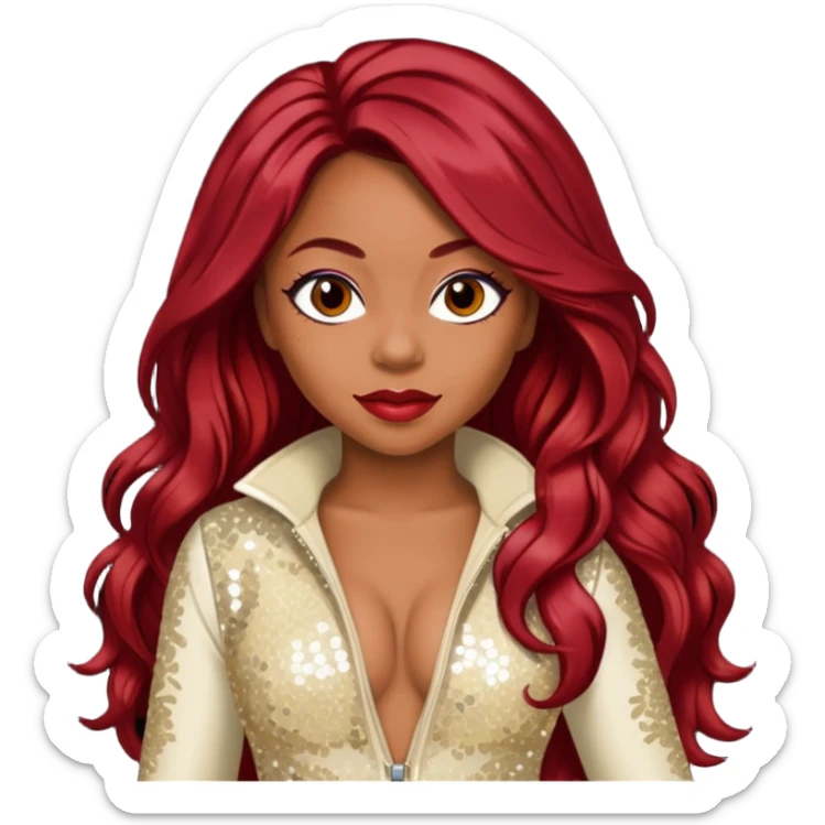 LaTavia Robeson from Destiny's Child with long dark red hair, ivory sequin outfit sticker