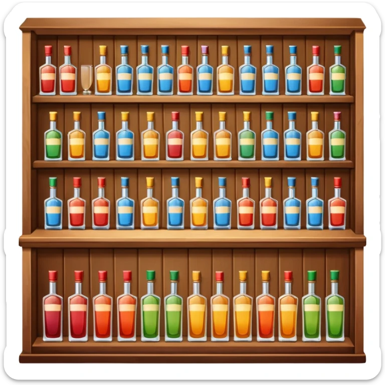 A wooden bar counter with rows of colorful liquor bottles lined up behind.
 sticker