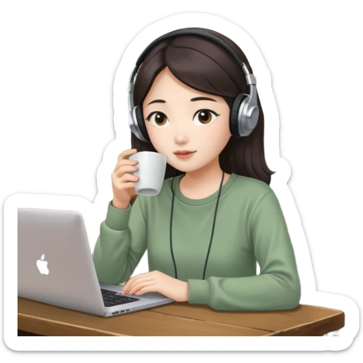 A Korean girl at a dive bar with a laptop and headphones with coffee watchin a korean drama the shirt in sage green sticker