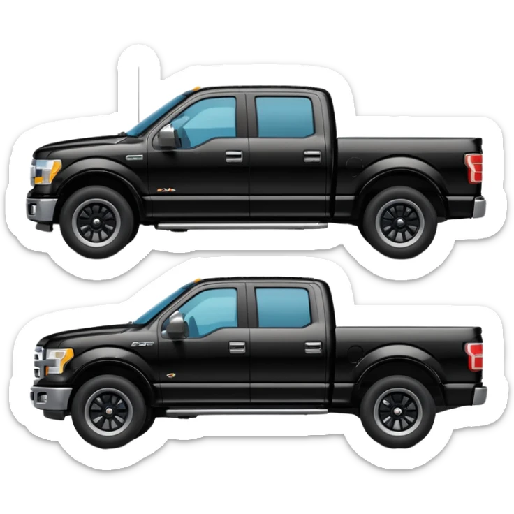 A simple emoji-style icon of a black F150 pickup truck driving on a road, viewed from the side, shiny black color with chrome details, minimal flat design, vibrant colors, transparent background sticker